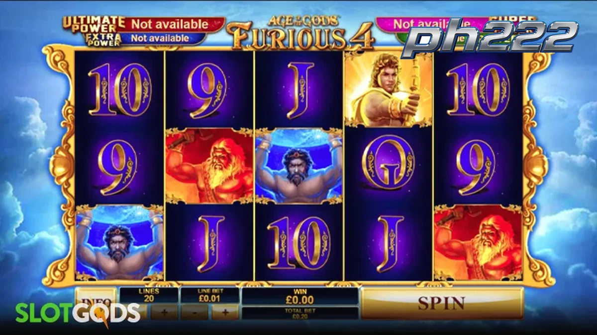 Isang visual na representasyon ng Age of the Gods: Furious 4 slot machine na nagpapakita ng mga mythical na diyos.